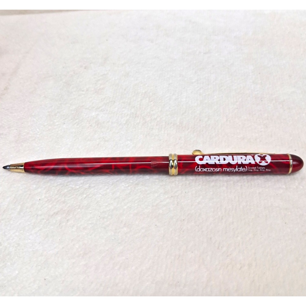 Cardura (doxazosin mesylate) Red Marbled Ballpoint Pen Gold Trim Black INK READ